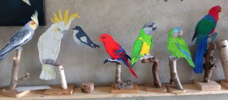 Diverse Dekovögel auf Hölzern montiert.